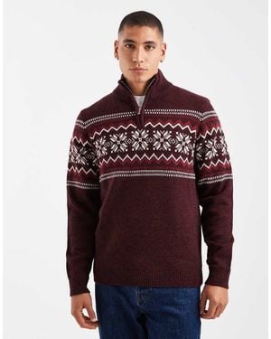 Threadbare Maglione Bordeaux Con Zip Corta E Motivo Fair Isle - Rosso