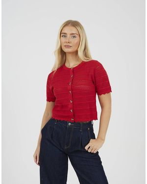 Brave Soul Short Sleeve Stitch Detail Crew Neck Cardigan - Red