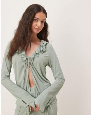 Vila Textured Ruffle Tie Front Jersey Top Co-ord - Gray