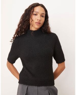 Pretty Lavish Fluffy Knit High Neck Short Sleeve Sweater - Black