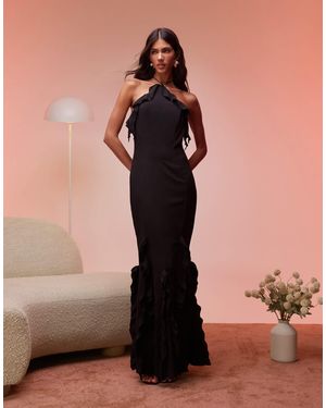 Oh Polly Mireya Ruffle Trim Halterneck Maxi Dress - Natural