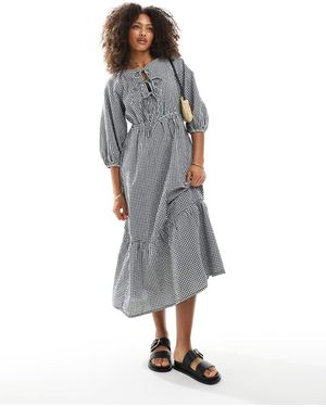 New Look Tie Front Smock Midi Dress - Grey