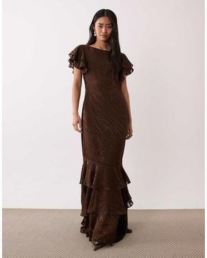 Pretty Lavish Devore Frill Sleeve Maxi Dress - Brown