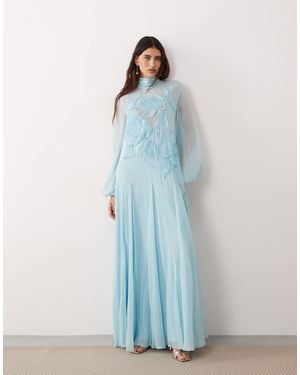 ARRANGE Applique Floral Tie Neck Blouson Sleeve Trapeze Maxi Dress - Blue