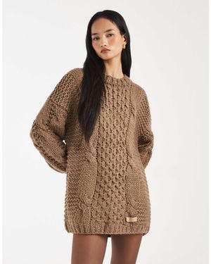 Kiwi & Co Orla Hand-knitted Cable Knit Balloon Sleeve Mini Sweater Dress - Brown