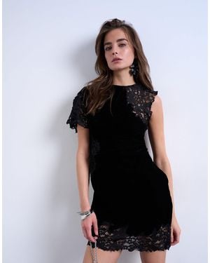 TOPSHOP Lace Insert Grown On Shoulder Velvet Mini Dress - Black