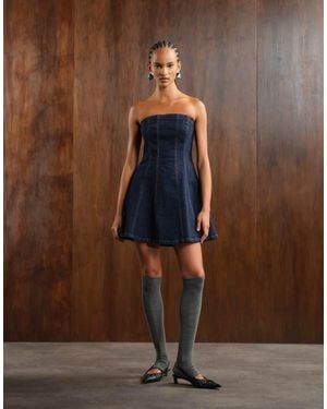 Abercrombie & Fitch Vestido Vaquero Corto Azul Añil De Corte Acampanado Con Escote Palabra De Honor De - Marrón