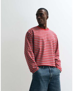 Collusion Heavyweight Stripe Long Sleeve Boxy T-Shirt - Red