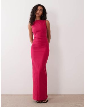 Vesper Bengaline Jurk Met Hoge Hals, Watervalrug En Maxi-Lengte - Roze