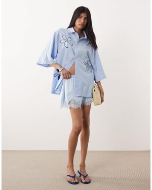 Sister Jane Siro Embroidered Short Sleeve Boxy Shirt - Blue