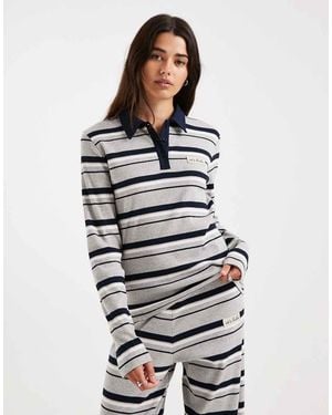 4th & Reckless Cotton-rich Ribbed Logo Detail Collared Long Sleeve Top - White