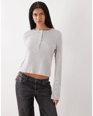 Weekday Waffle Henley Long Sleeve Top - Gray