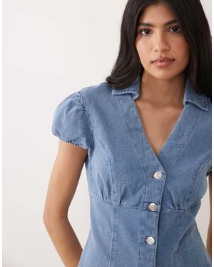 Miss Selfridge Camisa Vaquera Con Mangas De Casquillo Y Lavado Azul Medio