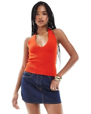 Pimkie Fine Knit V Neck Halterneck Top - Red