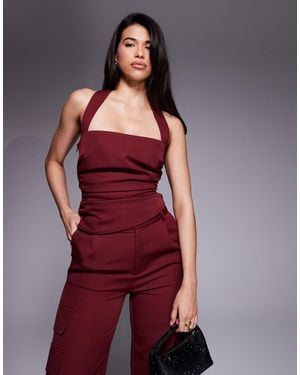 Kaiia Exclusive Tailored Square Halterneck Ruched Detail Top Co-Ord