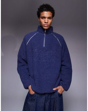ASOS Funnel Neck Borg Sweatshirt With Chest Print - Blue