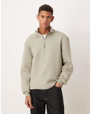 ASOS Oversized Quarter Zip Sweatshirt With Internal Plaid - Natural