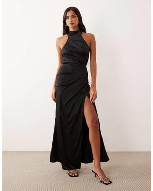 TFNC London Satin Halter Neck Pleat Detail Maxi Dress - Black