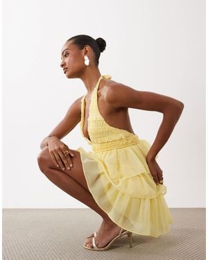TFNC London Shirred Chiffon Halter Neck Ruffle Mini Dress - Yellow