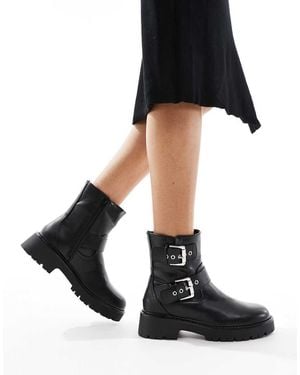 London Rebel Keely Buckle Biker Ankle Boots - Black