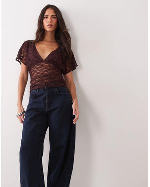 Miss Selfridge Lace V-Neck Top With Gathered Waist - Blue