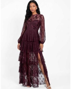 Maya Floral Embellished Blouson Sleeve Tiered Lace Maxi Dress - Purple