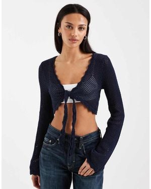Hollister Cropped Tie Front Long Sleeve Top - Blue