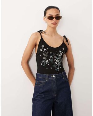 Miss Selfridge Body Con Lazadas En Los Hombros Y Abalorios Para Festivales - Negro
