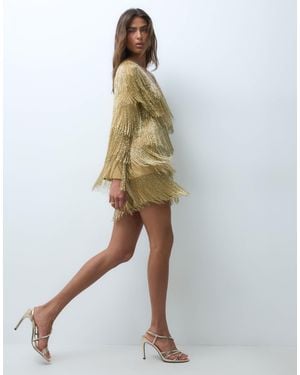 ASOS Beaded Fringe Mini Dress With Long Sleeves - Metallic