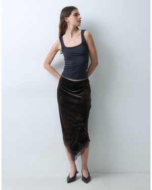 Vila Jupe midi en velours à ourlet asymétrique avec bordure en dentelle, chocolat - Multicolore