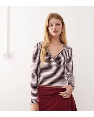 Collusion V Neck Long Sleeve Wrap Top-multi - Red