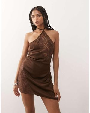 Lioness Amore Satin Sheer Lace Bust Panelling Detail Halterneck Mini Dress - Brown