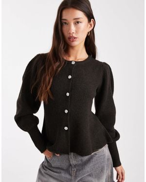 Pieces Cinched Waist Balloon Sleeve Cardigan With Hammered Buttons - Black