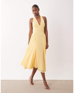 TFNC London Bridesmaids Halter Neck Midi Chiffon Dress - Natural