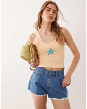 Miss Selfridge Pantalones Cortos Vaqueros Mom Con Bajos Festoneados-Azul
