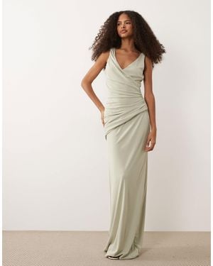 Six Stories Bridesmaids Stretch V Neck Ruched Panel Maxi Dress - Natural