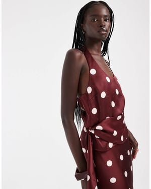 4th & Reckless Satin Halterneck Drape Waist Detail Top Co-Ord - Red