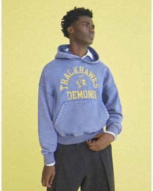 Bershka Washed Effect Print Hoodie - Blue