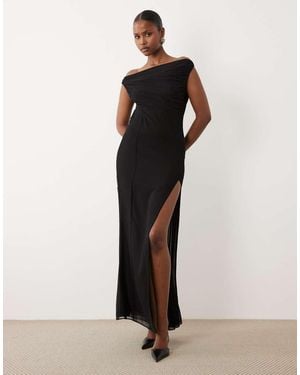 Oh Polly Asymmetric One Shoulder Thigh High Split Maxi Dress - Black