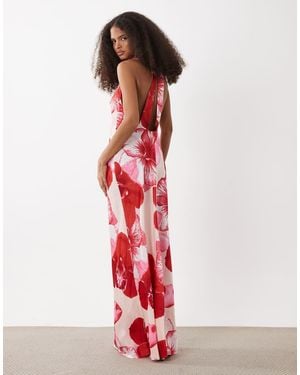 Vero Moda Sleeveless Open Back Satin Midi Dress With Overblown Floral Print - White