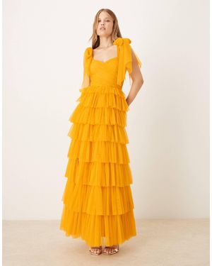 LACE & BEADS Robe longue en tulle à épaules nouées - caramel - Jaune