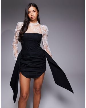 ASOS Structured Mini Dress With Lace Victoriana Sleeve - Blue