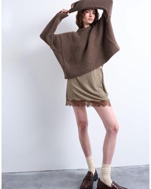 TOPSHOP Hot Fix Embellished Mini Skirt With Lace Trim - Brown