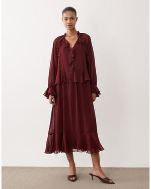 Mango Frill Detail Long Sleeve Maxi Dress - Red