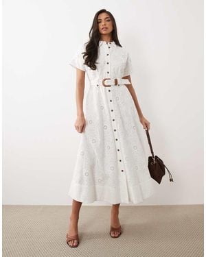 Forever New Short Sleeve Broderie Shirt Belt Detail Midi Dress - Natural