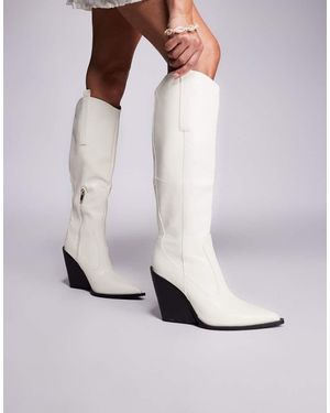 Public Desire Nevada Western Cowboy Pointed Toe Block Heel Knee High Boots - White
