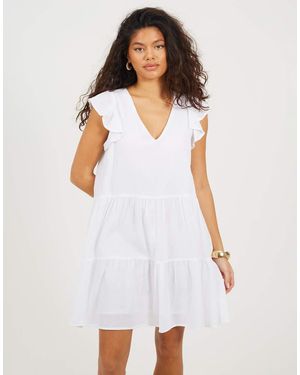 Brave Soul Frill Sleeve V-Neck Tiered Mini Dress - White