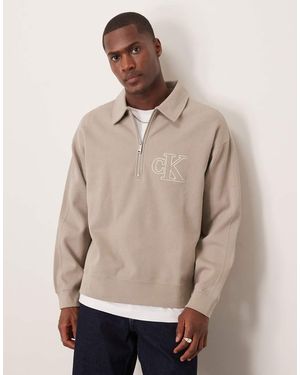 Calvin Klein Collared Knit 1/4 Zip Logo - Natural