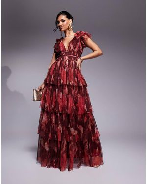 LACE & BEADS Ruffle Shoulder Tie Maxi Dress - Red