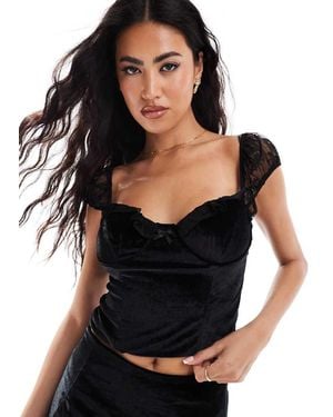 Love Triangle Velvet Corset Top With Lace Detail - Black